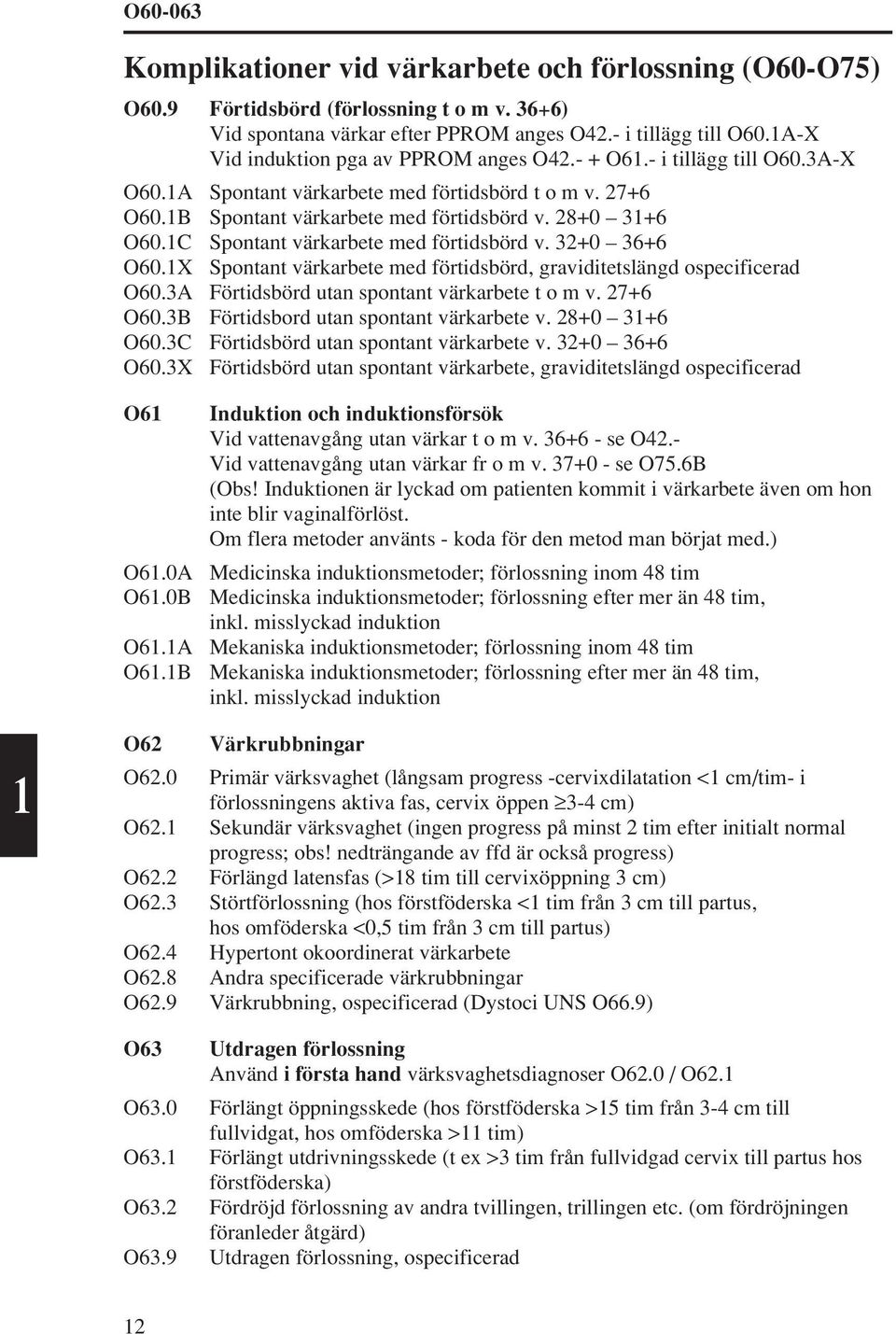 1C Spontant värkarbete med förtidsbörd v. 3+0 36+6 O60.1X Spontant värkarbete med förtidsbörd, graviditetslängd ospecificerad O60.3A Förtidsbörd utan spontant värkarbete t o m v. 7+6 O60.