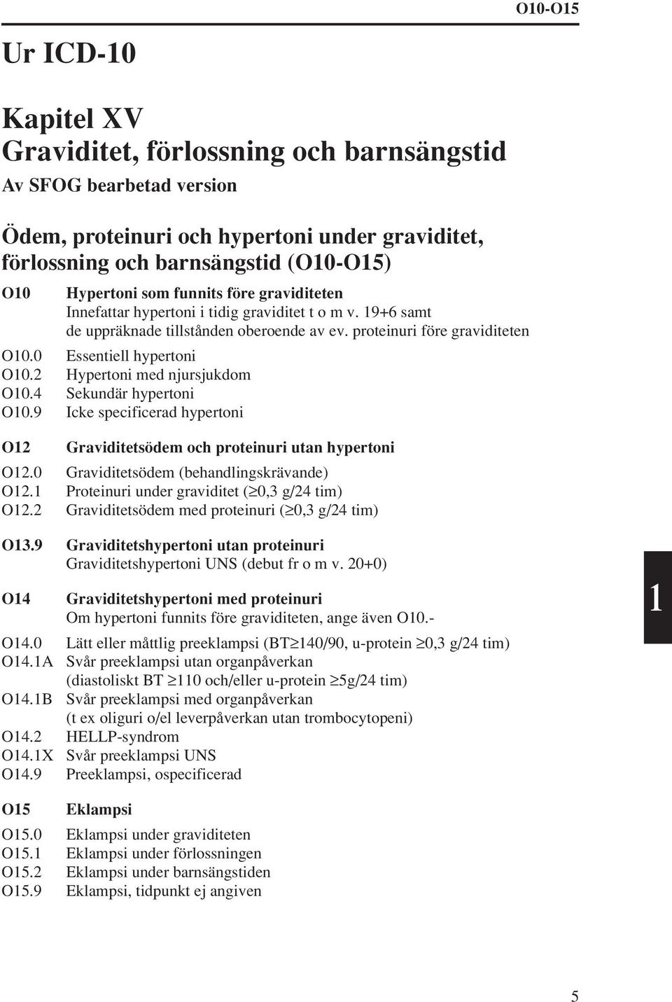 Hypertoni med njursjukdom O10.4 Sekundär hypertoni O10.9 Icke specificerad hypertoni O1 Graviditetsödem och proteinuri utan hypertoni O1.0 Graviditetsödem (behandlingskrävande) O1.