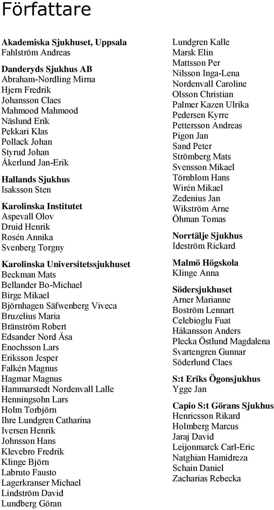 Birge Mikael Björnhagen Säfwenberg Viveca Bruzelius Maria Bränström Robert Edsander Nord Åsa Enochsson Lars Eriksson Jesper Falkén Magnus Hagmar Magnus Hammarstedt Nordenvall Lalle Henningsohn Lars