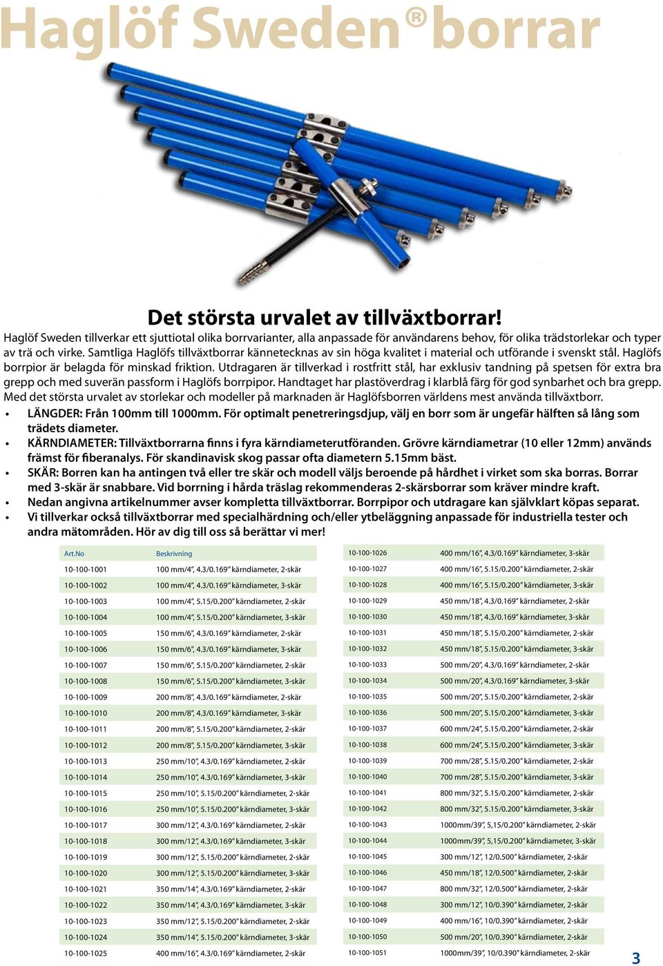 Samtliga Haglöfs tillväxtborrar kännetecknas av sin höga kvalitet i material och utförande i svenskt stål. Haglöfs borrpior är belagda för minskad friktion.