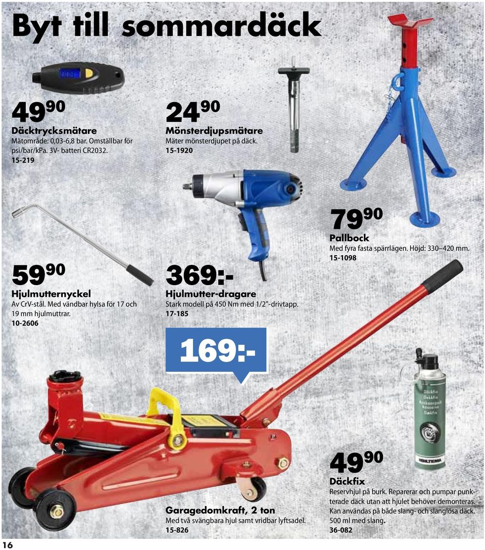 Med vändbar hylsa för 17 och 19 mm hjulmuttrar. 10-2606 Stark modell på 450 Nm med 1/2"-drivtapp. 17-185 79 90 Pallbock Med fyra fasta spärrlägen. Höjd: 330 420 mm.