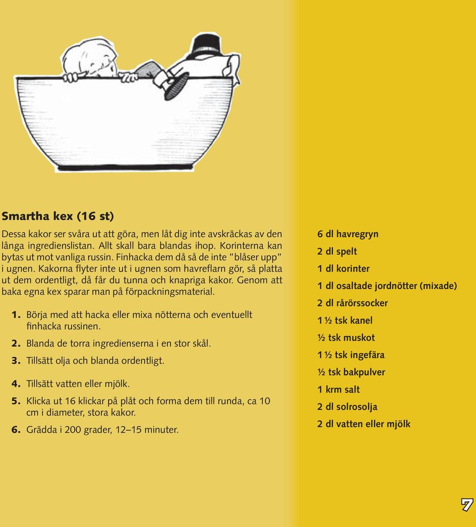 Genom att baka egna kex sparar man på förpackningsmaterial. 1. Börja med att hacka eller mixa nötterna och eventuellt finhacka russinen. 2. Blanda de torra ingredienserna i en stor skål. 3.