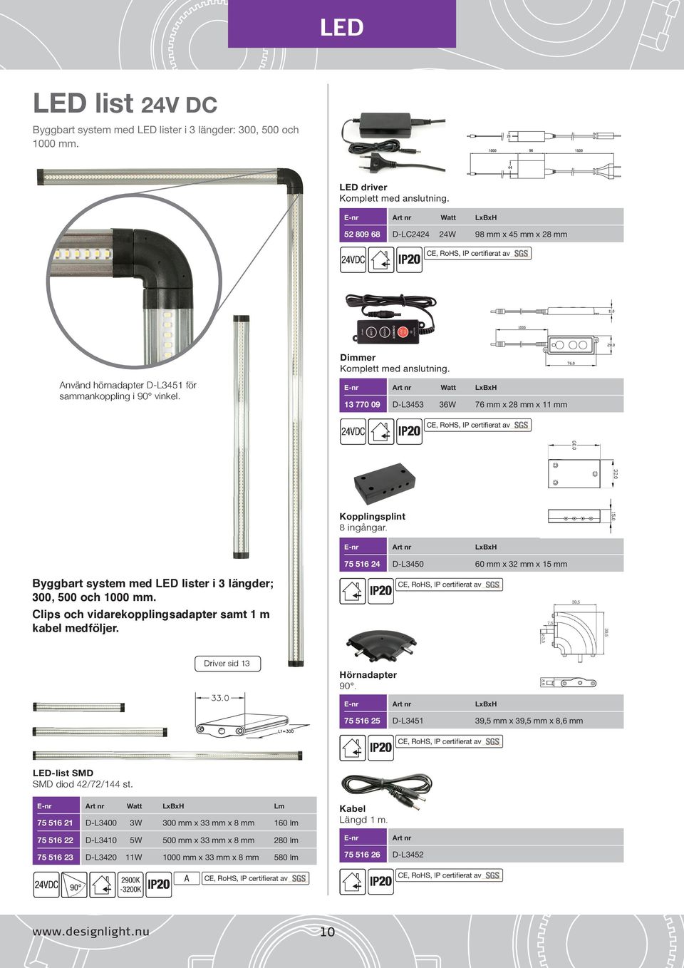 13 770 09 D-L3453 36W LxBxH 76 mm x 28 mm x 11 mm Kopplingsplint 8 ingångar. 75 516 24 D-L3450 Byggbart system med LED lister i 3 längder; 300, 500 och 1000 mm.