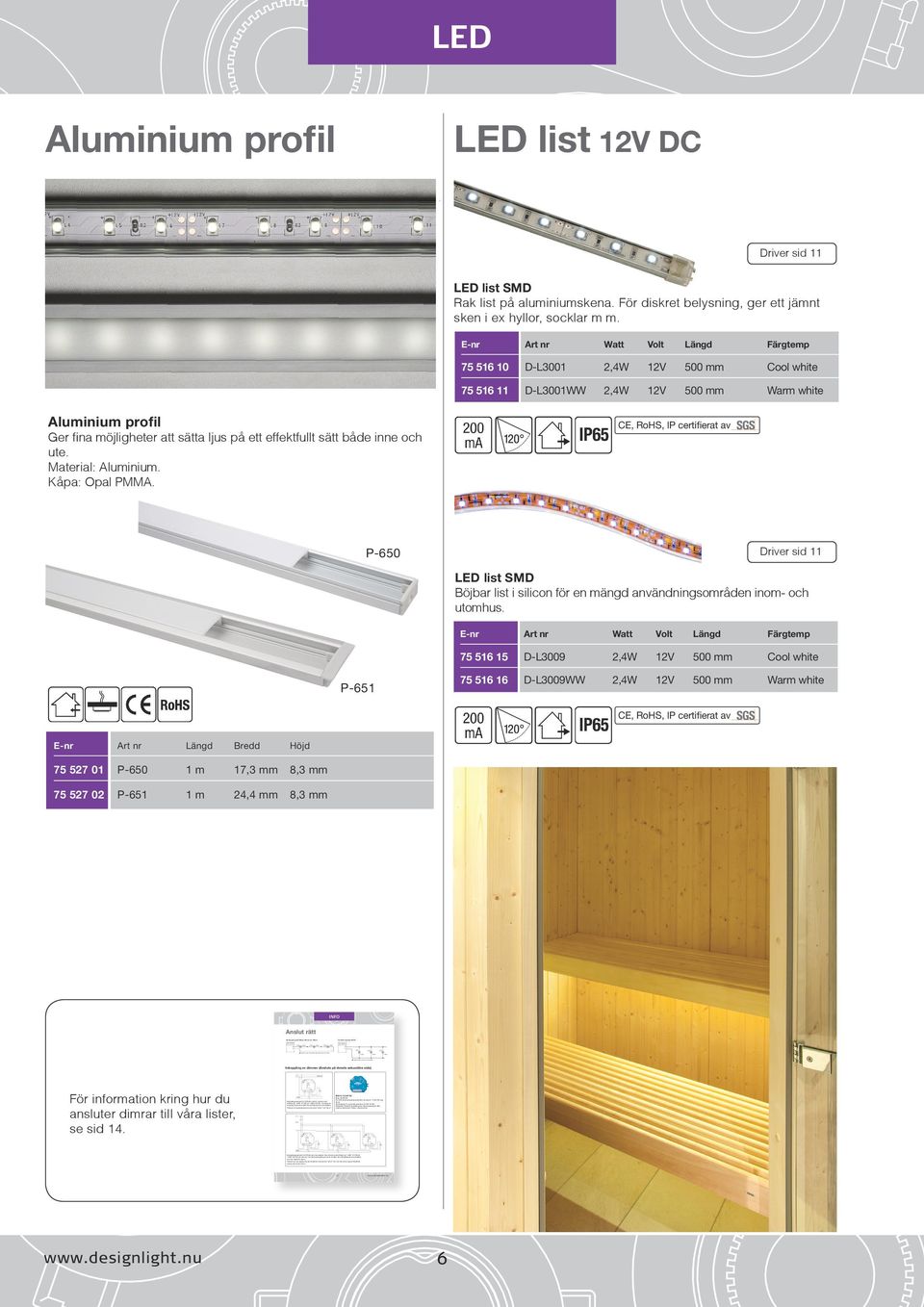 och ute. Material: Aluminium. Kåpa: Opal PMMA. sid 11 P-650 LED list SMD Böjbar list i silicon för en mängd användningsområden inom- och utomhus.