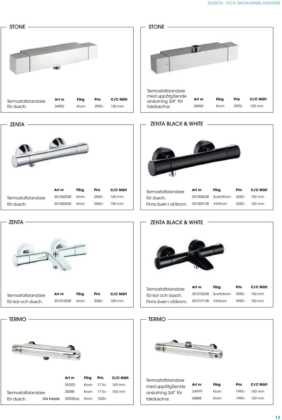 Finns även i vit/krom. C/C Mått 351008638 Svart/Krom 3250:- 150 mm 351009138 Vit/Krom 3250:- 150 mm ZENTA ZENTA BLACK & WHITE Termostatblandare för kar och dusch.