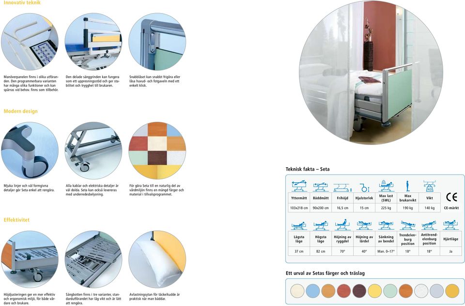 Modern design Teknisk fakta Seta Mjuka linjer och väl formgivna detaljer gör Seta enkel att rengöra. Alla kablar och elektriska detaljer är väl dolda. Seta kan också levereras med underredesbelysning.