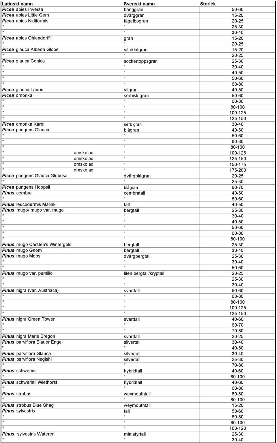 gran 30-40 Picea pungens Glauca blågran 40-50 " omskolad " 100-125 " omskolad " 125-150 " omskolad " 150-175 " omskolad " 175-200 Picea pungens Glauca Globosa dvärgblågran 20-25 " " 25-30 Picea