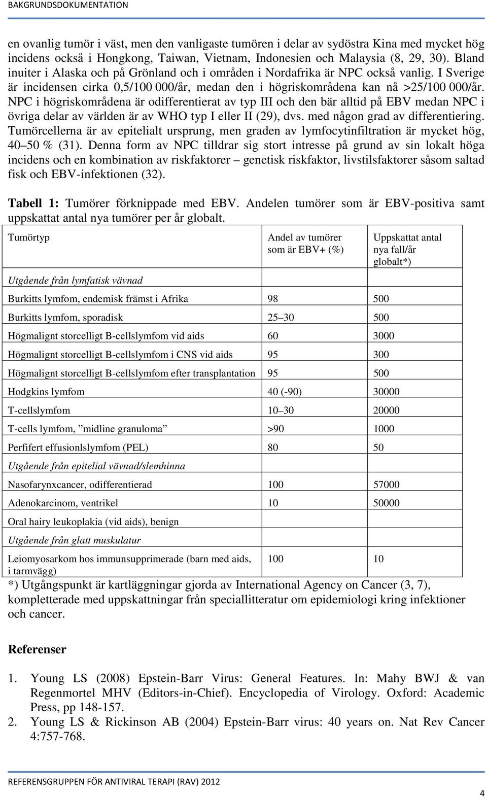 NPC i högriskområdena är odifferentierat av typ III och den bär alltid på EBV medan NPC i övriga delar av världen är av WHO typ I eller II (29), dvs. med någon grad av differentiering.