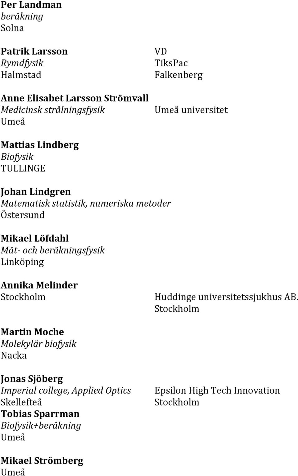 Östersund Mikael Löfdahl Linköping Annika Melinder Huddinge universitetssjukhus AB.