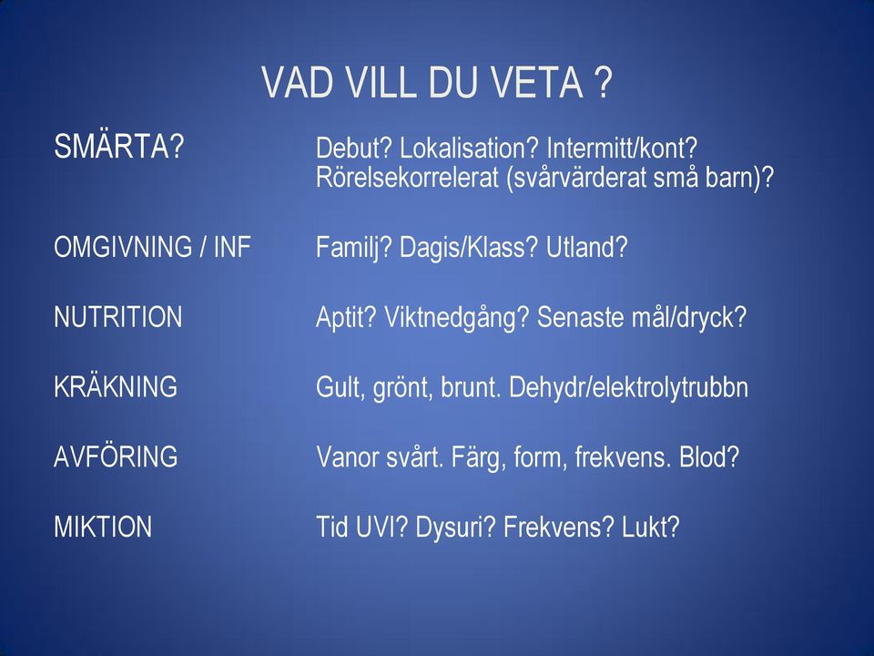 Dagis/Klass? Utland? Aptit? Viktnedgång? Senaste mål/dryck? Gult, grönt, brunt.