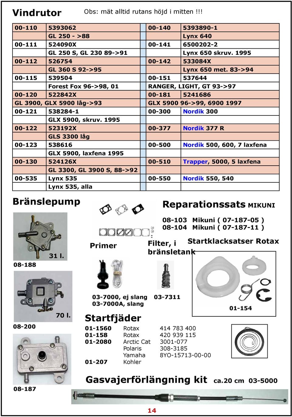 83->94 00-115 539504 00-151 537644 Forest Fox 96->98, 01 RANGER, LIGHT, GT 93->97 00-120 522842X 00-181 5241686 GL 3900, GLX 5900 låg->93 GLX 5900 96->99, 6900 1997 00-121 538284-1 00-300 Nordik 300