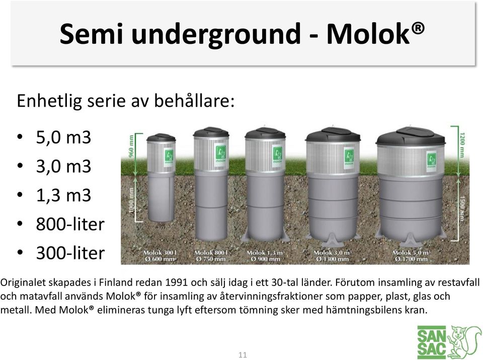 Förutom insamling av restavfall och matavfall används Molok för insamling av