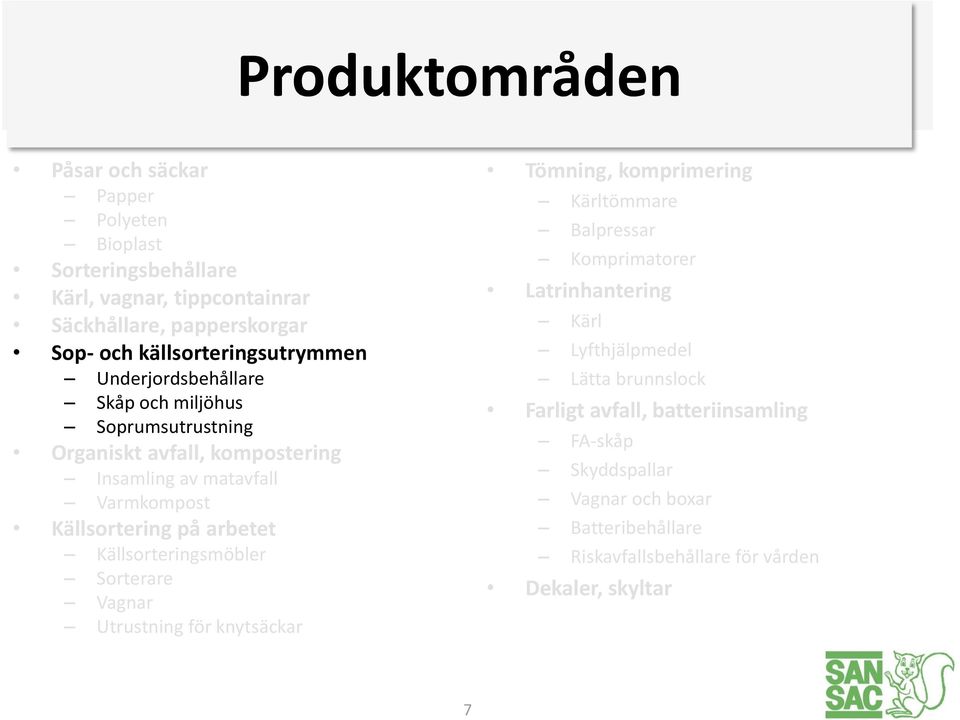 på arbetet Källsorteringsmöbler Sorterare Vagnar Utrustning för knytsäckar Tömning, komprimering Kärltömmare Balpressar Komprimatorer Latrinhantering Kärl