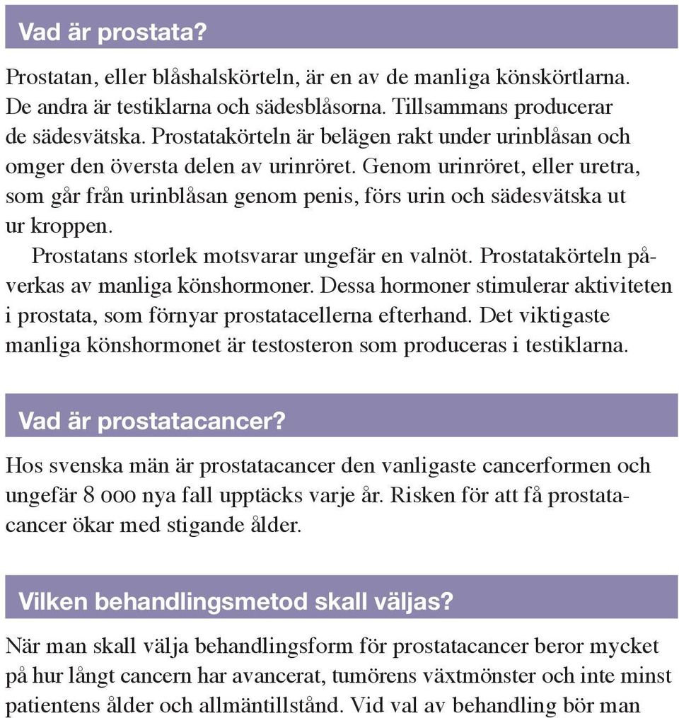 Prostatans storlek motsvarar ungefär en valnöt. Prostatakörteln påverkas av manliga könshormoner. Dessa hormoner stimulerar akti viteten i prostata, som förnyar prostatacellerna efterhand.