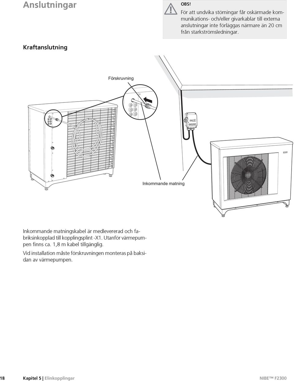 Kraftanslutning Inkommande matningskabel är medlevererad och fabriksinkopplad till kopplingsplint -X1.