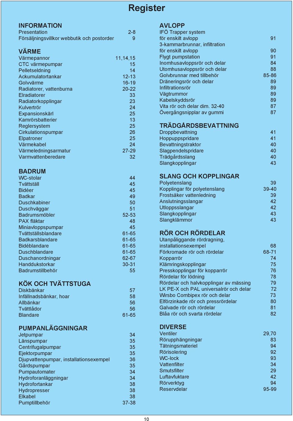 27-29 Varmvattenberedare 32 Badrum WC-stolar 44 Tvättställ 45 Bidéer 45 Badkar 49 Duschkabiner 50 Duschväggar 51 Badrumsmöbler 52-53 PAX fläktar 48 Miniavloppspumpar 45 Tvättställsblandare 61-65
