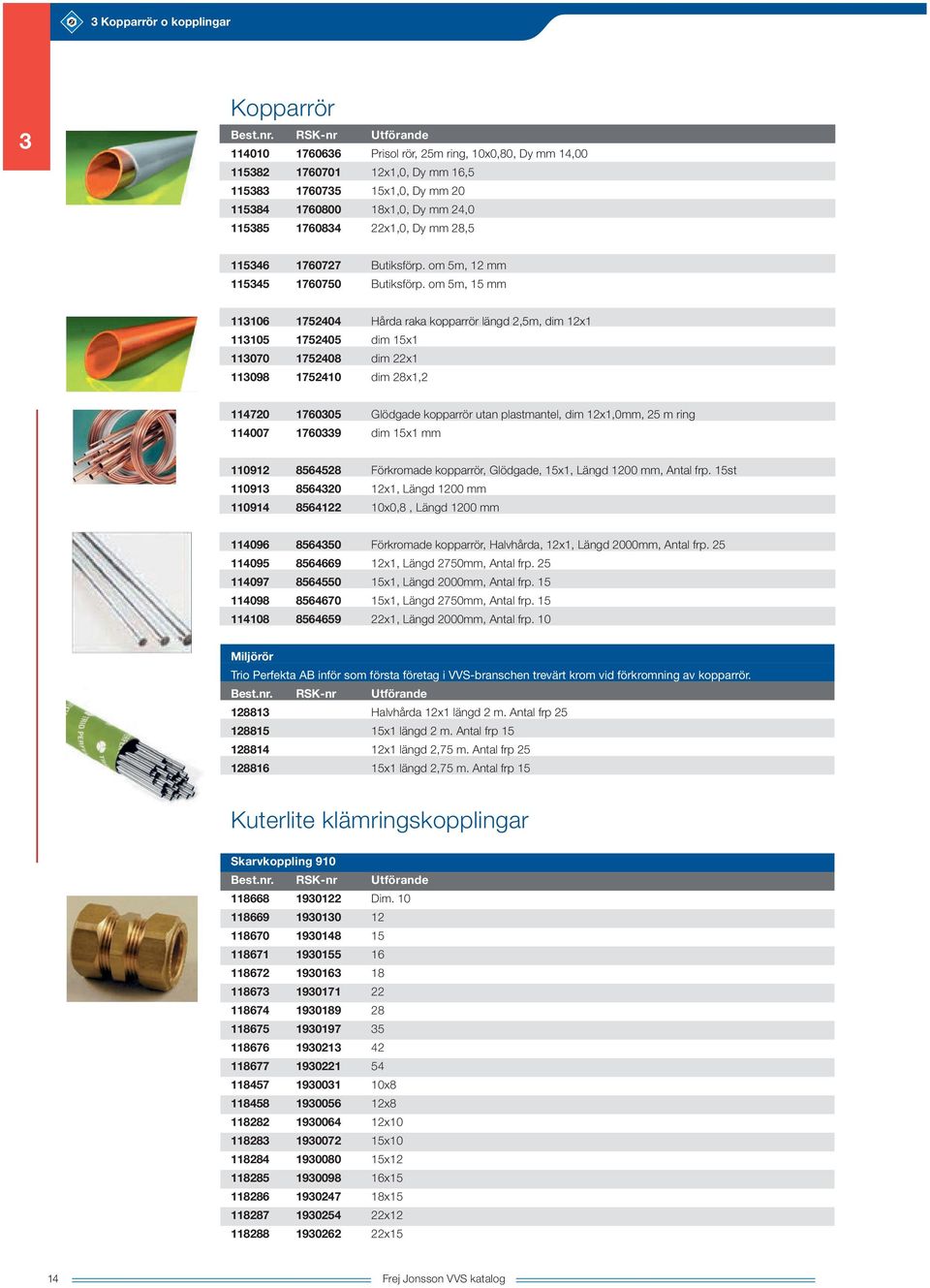 om 5m, 15 mm 113106 1752404 Hårda raka kopparrör längd 2,5m, dim 12x1 113105 1752405 dim 15x1 113070 1752408 dim 22x1 113098 1752410 dim 28x1,2 114720 1760305 Glödgade kopparrör utan plastmantel, dim