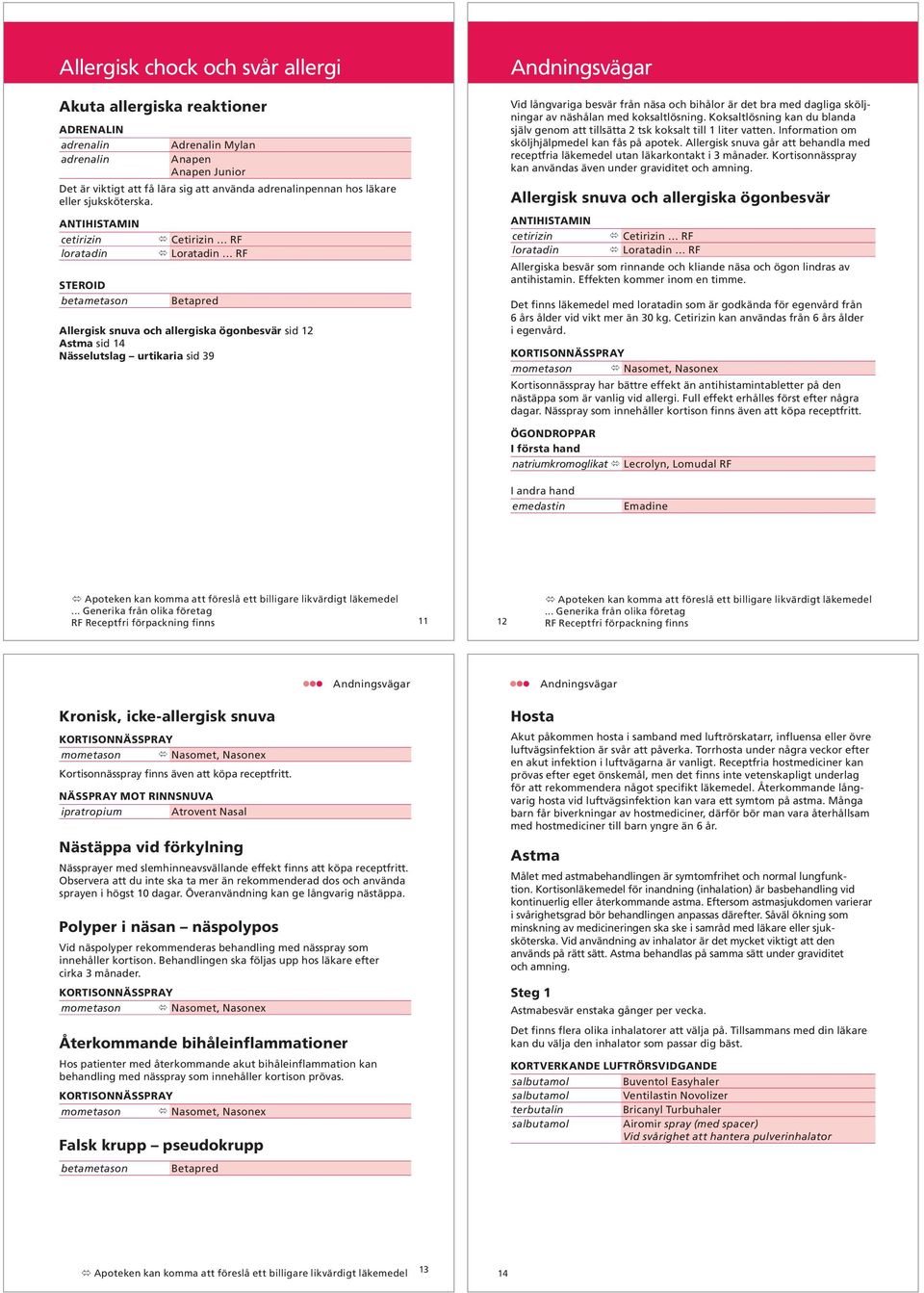 ANTIHISTAMIN cetirizin loratadin STEROID betametason Cetirizin RF Loratadin RF Betapred Allergisk snuva och allergiska ögonbesvär sid 12 Astma sid 14 Nässelutslag urtikaria sid 39 Andningsvägar Vid