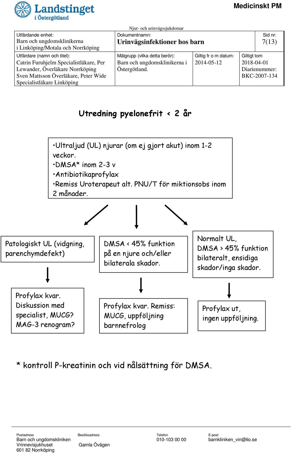 Patologiskt UL (vidgning, parenchymdefekt) DMSA < 45% funktion på en njure och/eller bilaterala skador.