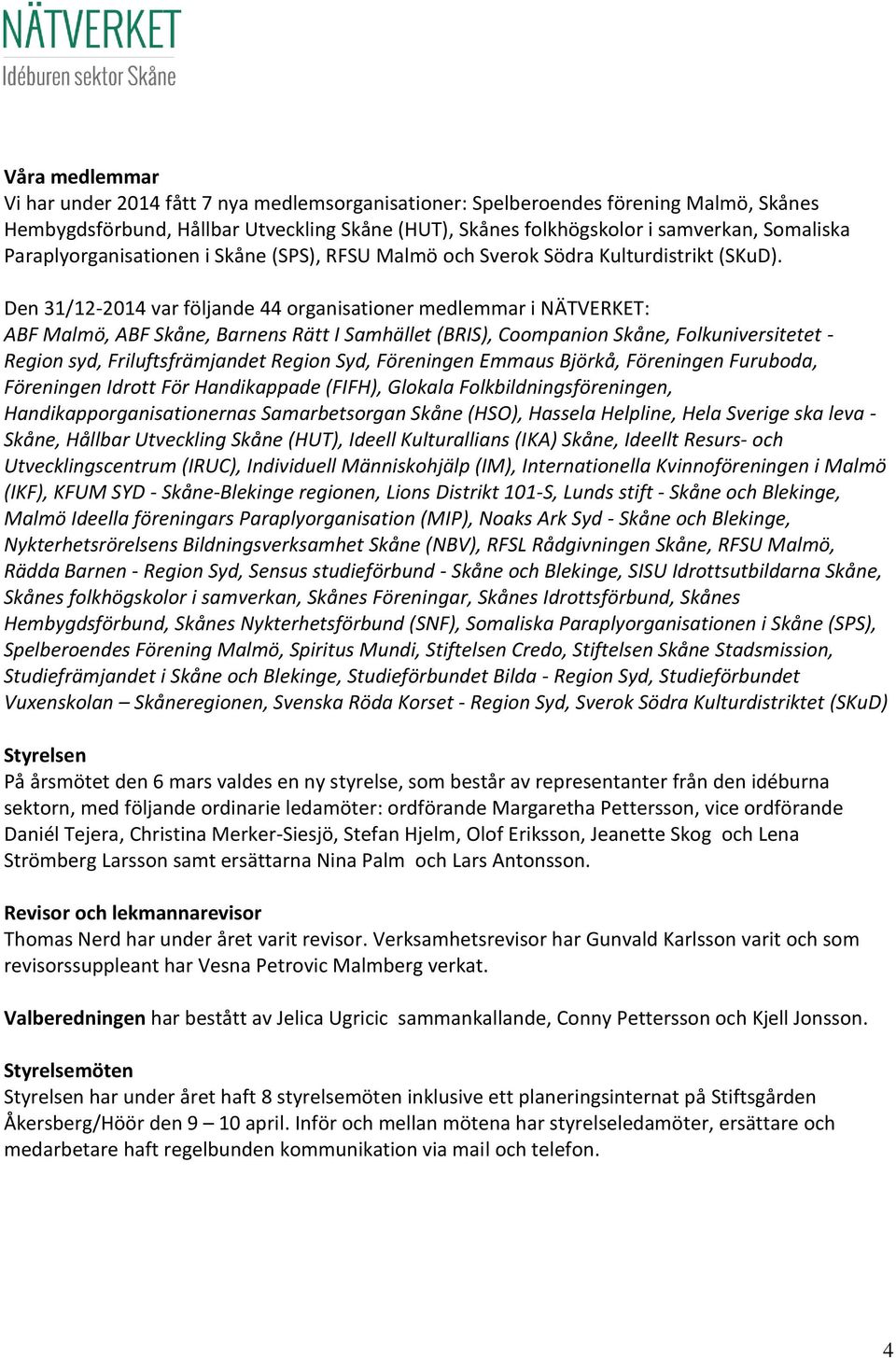 Den 31/12-2014 var följande 44 organisationer medlemmar i NÄTVERKET: ABF Malmö, ABF Skåne, Barnens Rätt I Samhället (BRIS), Coompanion Skåne, Folkuniversitetet - Region syd, Friluftsfrämjandet Region