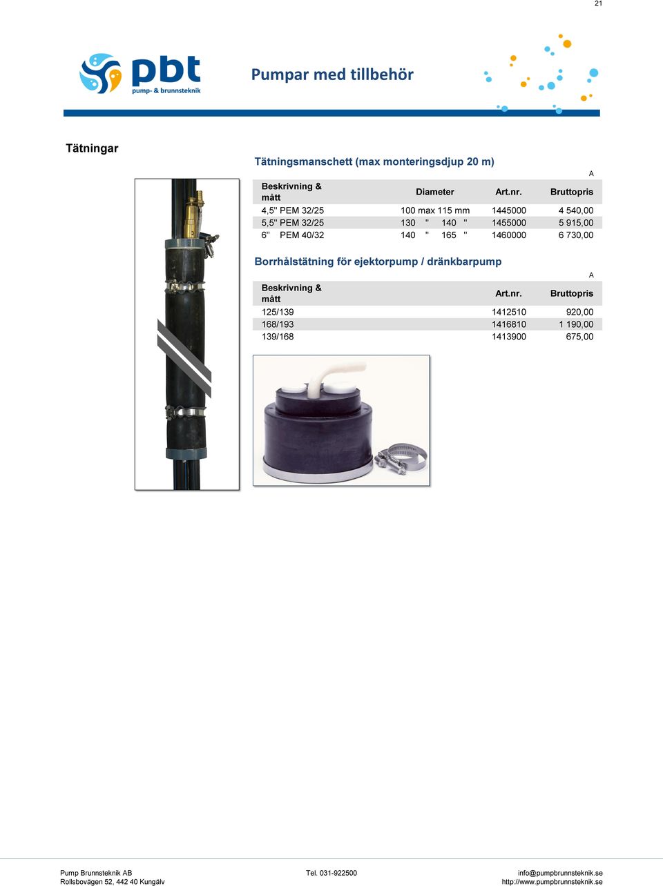 PEM 40/32 140 " 165 " 1460000 6 730,00 Borrhålstätning för ejektorpump / dränkbarpump