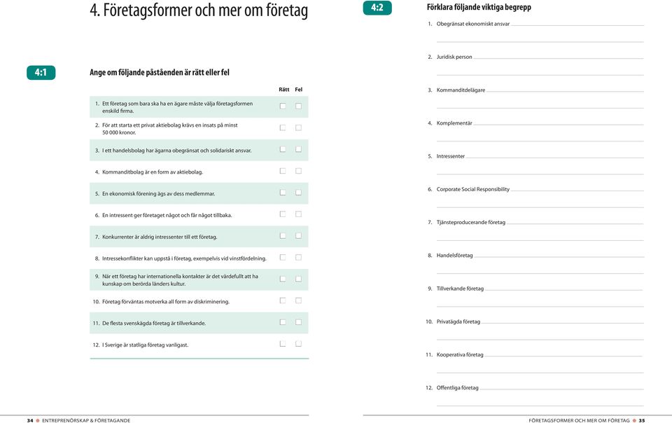 I ett handelsbolag har ägarna obegränsat och solidariskt ansvar. 5. Intressenter 4. Kommanditbolag är en form av aktiebolag. 5. En ekonomisk förening ägs av dess medlemmar. 6.