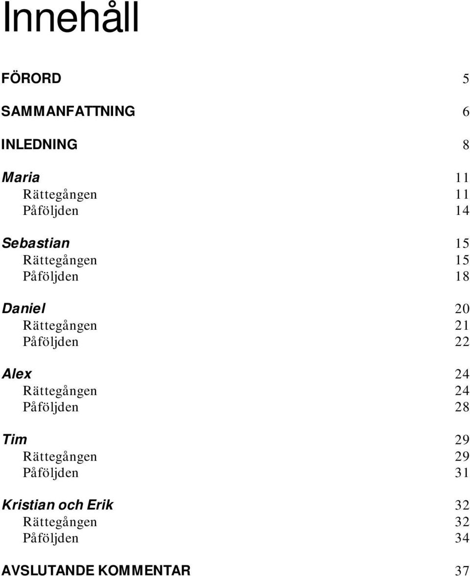 21 Påföljden 22 Alex 24 Rättegången 24 Påföljden 28 Tim 29 Rättegången 29