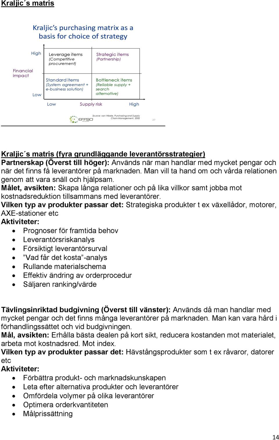 matris (fyra grundläggande leverantörsstrategier) Partnerskap (Överst till höger): Används när man handlar med mycket pengar och när det finns få leverantörer på marknaden.