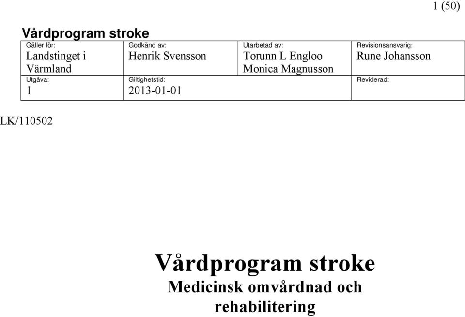 Torunn L Engloo Monica Magnusson Revisionsansvarig: Rune Johansson