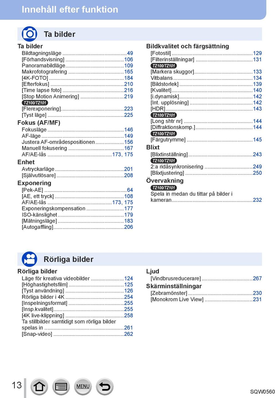 ..167 AF/AE-lås...173, 175 Enhet Avtryckarläge...201 [Självutlösare]...208 Exponering [Pek-AE]...64 [AE, ett tryck]...108 AF/AE-lås...173, 175 Exponeringskompensation...177 ISO-känslighet.