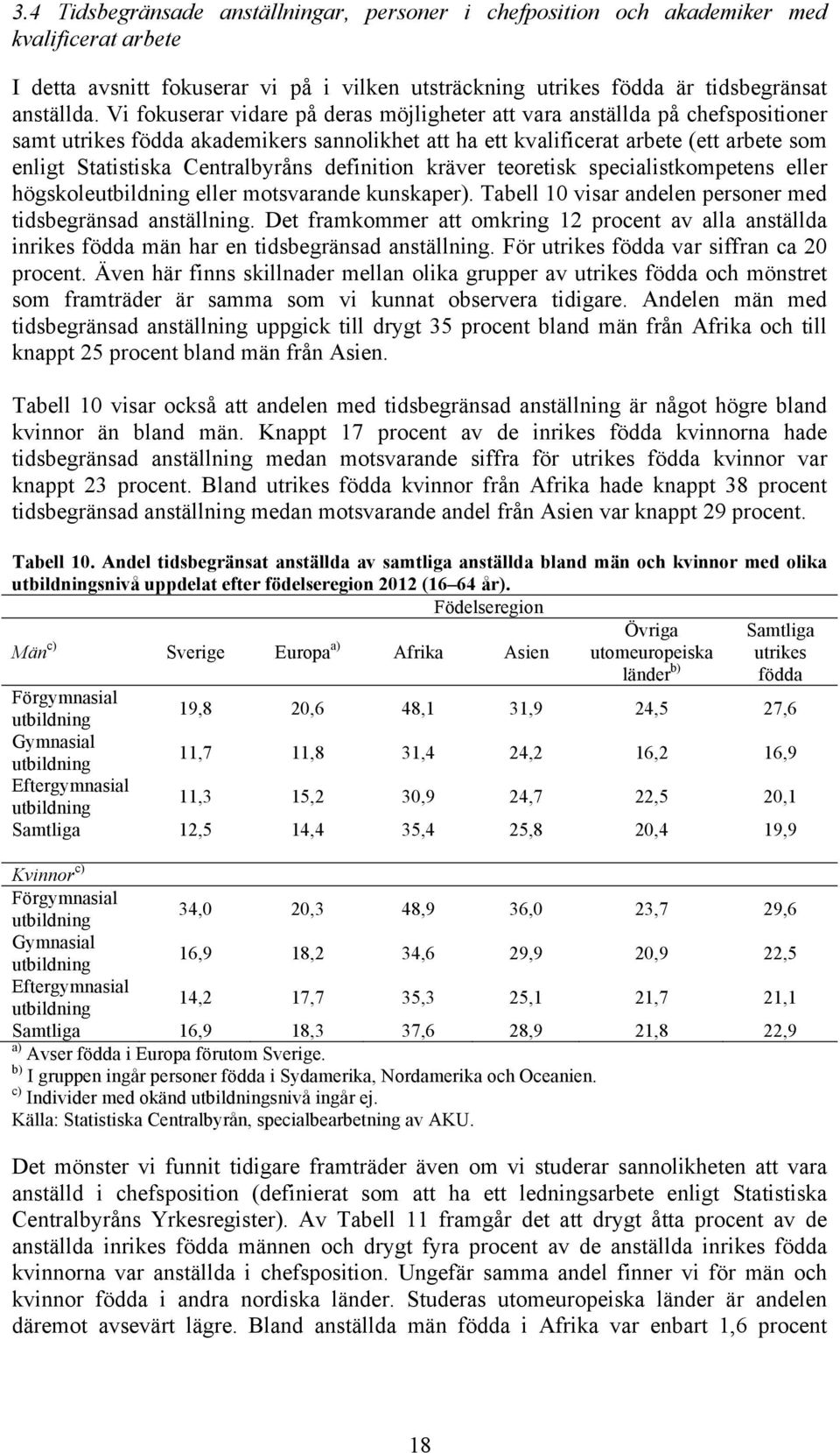 Centralbyråns definition kräver teoretisk specialistkompetens eller högskoleutbildning eller motsvarande kunskaper). Tabell 10 visar andelen personer med tidsbegränsad anställning.