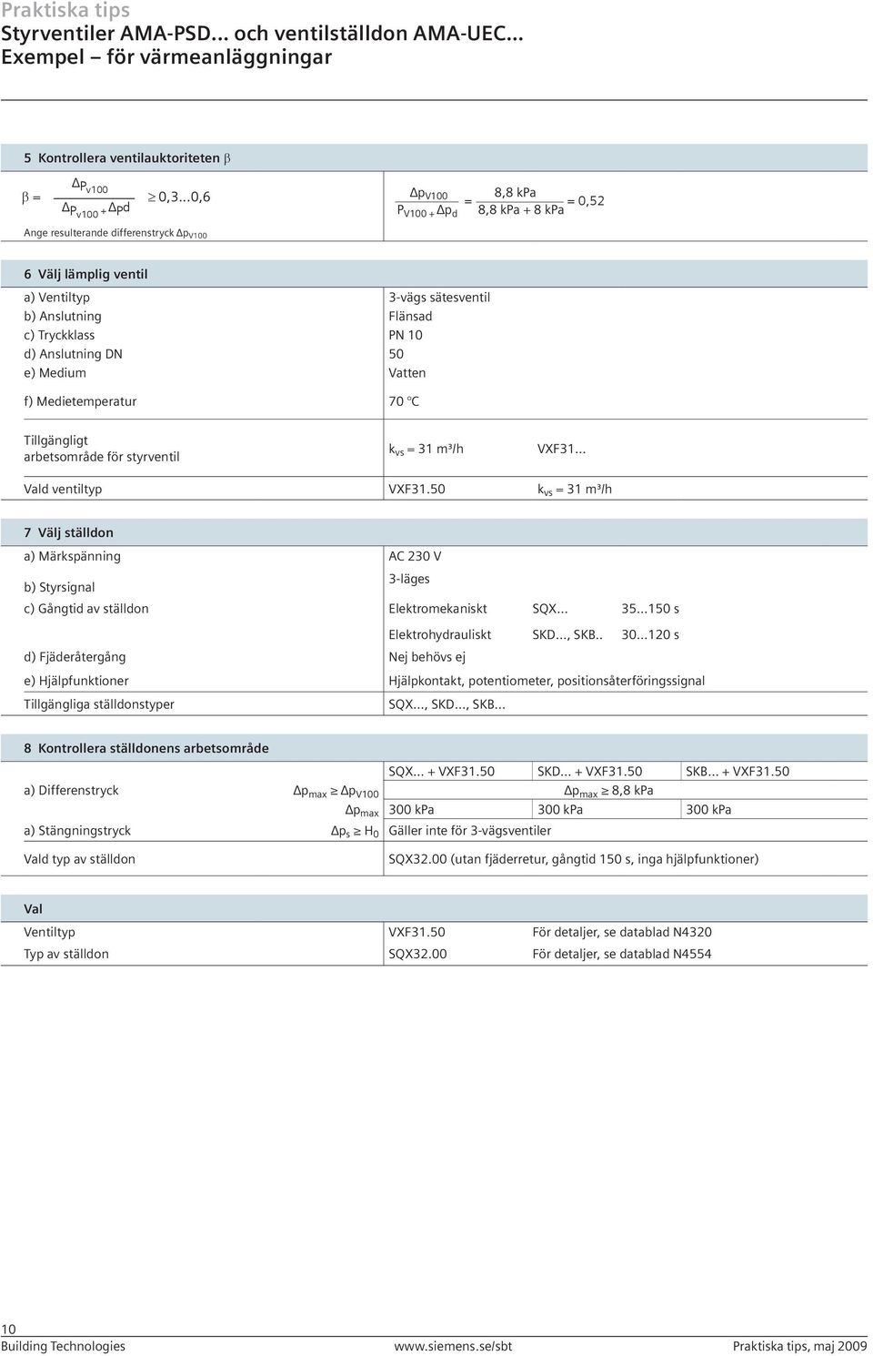 Anslutning DN 50 e) Medium Vatten f) Medietemperatur 70 C Tillgängligt arbets område för styrventil k vs = m³/h VXF... Vald ventiltyp VXF.