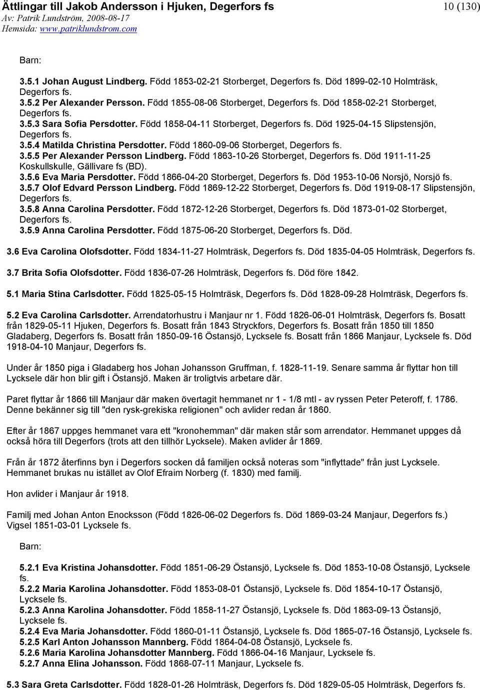 Född 1860-09-06 Storberget, Degerfors 3.5.5 Per Alexander Persson Lindberg. Född 1863-10-26 Storberget, Degerfors Död 1911-11-25 Koskullskulle, Gällivare fs (BD). 3.5.6 Eva Maria Persdotter.