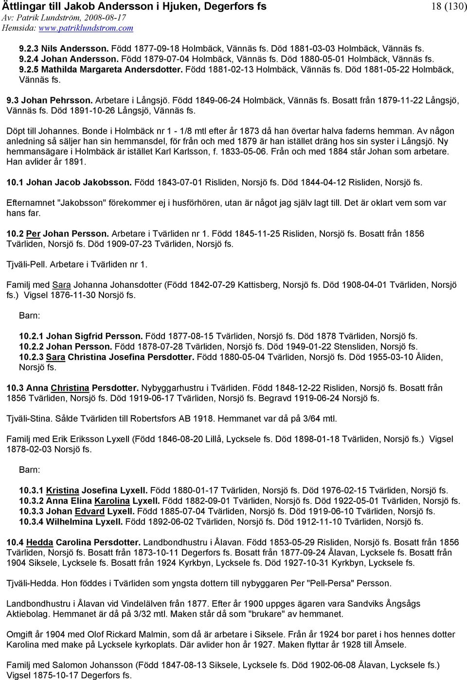 Född 1849-06-24 Holmbäck, Vännäs Bosatt från 1879-11-22 Långsjö, Vännäs Död 1891-10-26 Långsjö, Vännäs Döpt till Johannes.