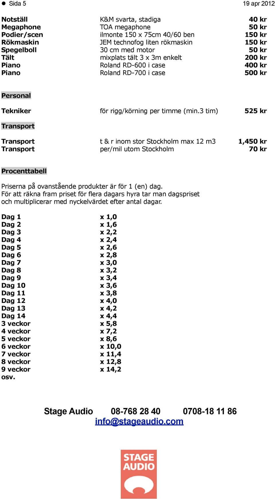 3 tim) 525 kr Transport Transport t & r inom stor Stockholm max 12 m3 1,450 kr Transport per/mil utom Stockholm 70 kr Procenttabell Priserna på ovanstående produkter är för 1 (en) dag.