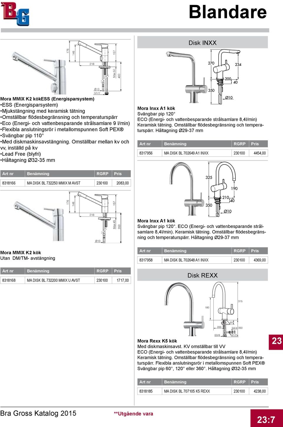 Omställbar mellan kv och vv, inställd på kv Lead Free (blyfri) Håltagning Ø32-35 mm Mora Inxx A1 kök Svängbar pip 120 ECO (Energi- och vattenbesparande strålsamlare 8,4l/min) Keramisk tätning.