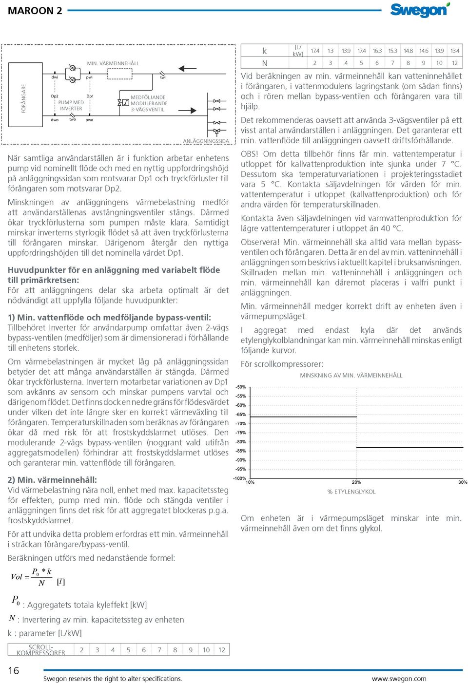 på anläggningssidan som motsvarar Dp1 och tryckförluster till förångaren som motsvarar Dp2. Minskningen av anläggningens värmebelastning medför att användarställenas avstängningsventiler stängs.