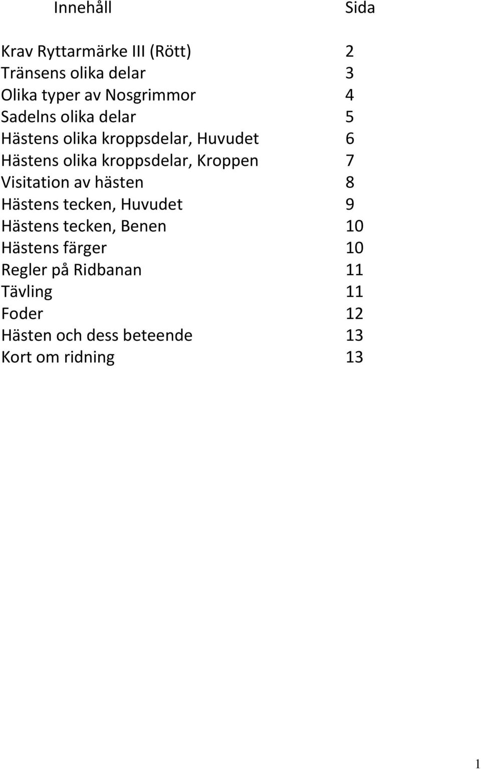 Kroppen 7 Visitation av hästen 8 Hästens tecken, Huvudet 9 Hästens tecken, Benen 10 Hästens