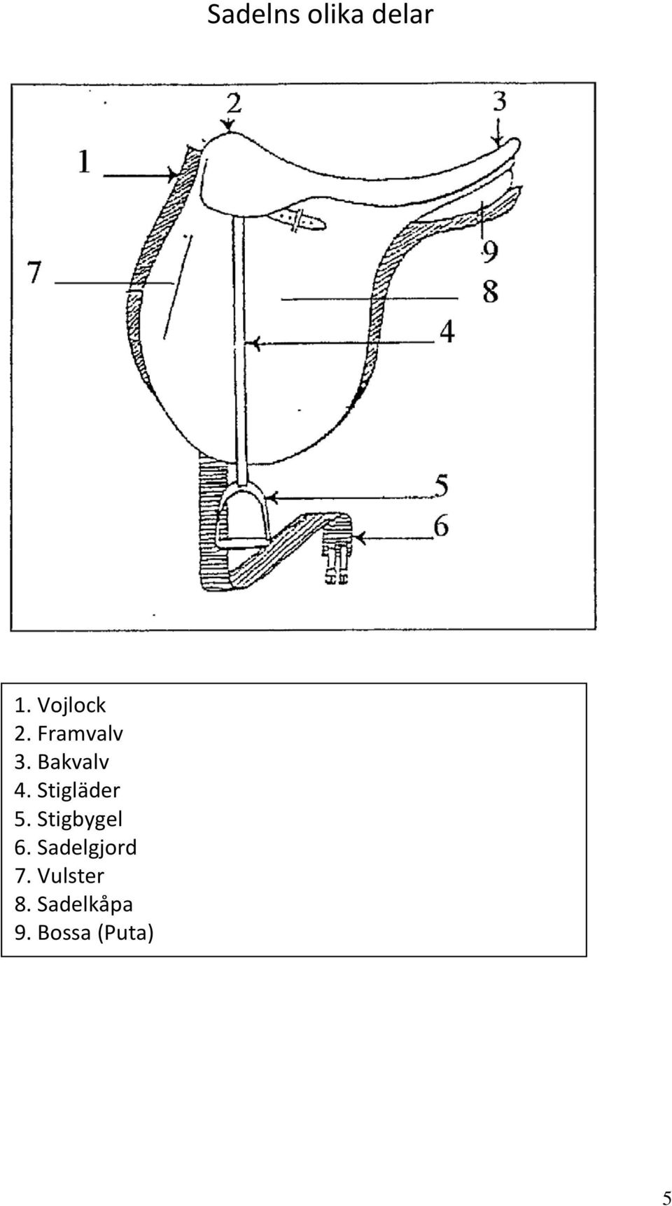 Stigläder 5. Stigbygel 6.