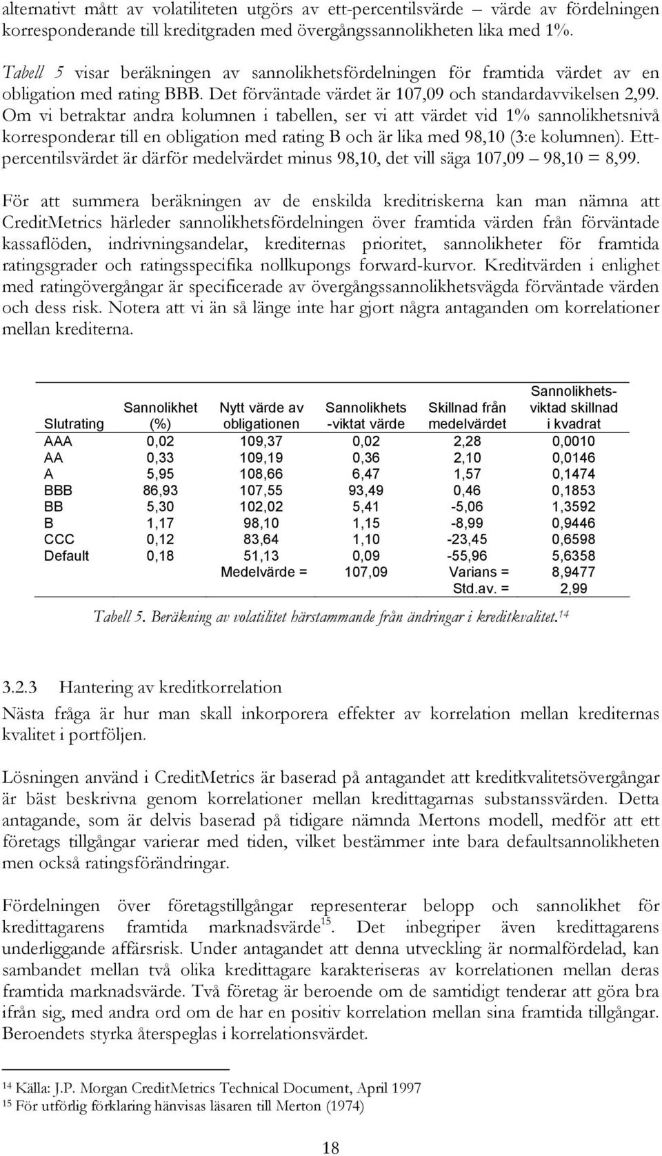 Om vi betraktar andra kolumnen i tabellen, ser vi att värdet vid 1% sannolikhetsnivå korresponderar till en obligation med rating B och är lika med 98,10 (3:e kolumnen).