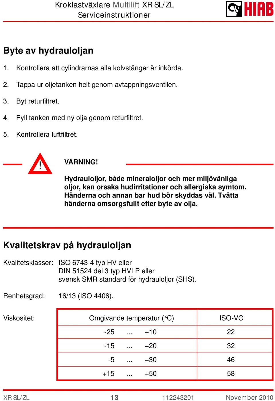 Hydrauloljor, både mineraloljor och mer miljövänliga oljor, kan orsaka hudirritationer och allergiska symtom. Händerna och annan bar hud bör skyddas väl.