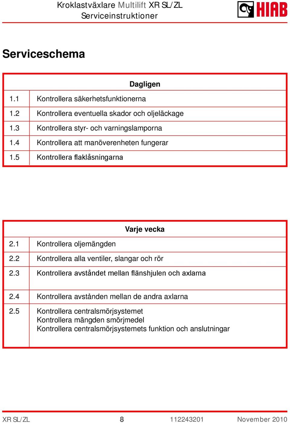 1 Kontrollera oljemängden 2.2 Kontrollera alla ventiler, slangar och rör 2.3 Kontrollera avståndet mellan flänshjulen och axlarna 2.