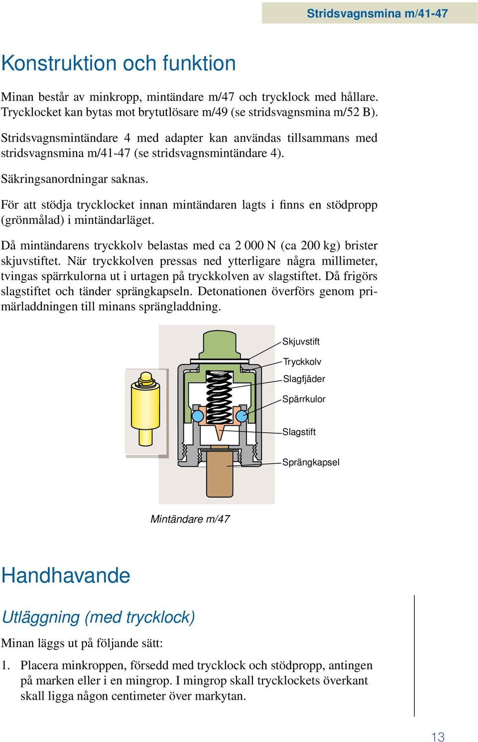 För att stödja trycklocket innan mintändaren lagts i finns en stödpropp (grönmålad) i mintändarläget. Då mintändarens tryckkolv belastas med ca 2 000 N (ca 200 kg) brister skjuvstiftet.