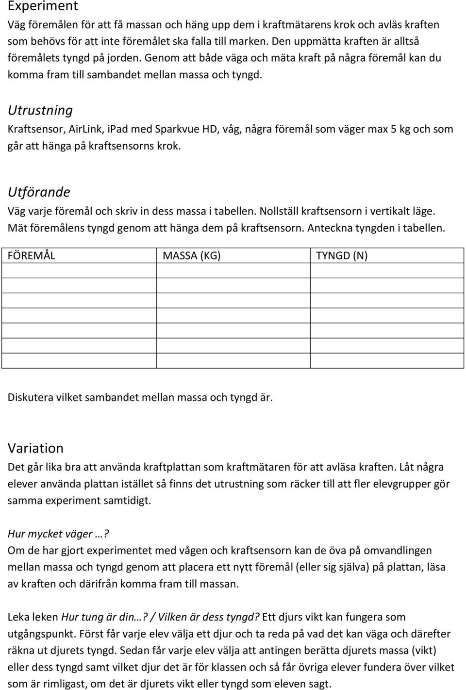 Utrustning Kraftsensor, AirLink, ipad med Sparkvue HD, våg, några föremål som väger max 5 kg och som går att hänga på kraftsensorns krok.