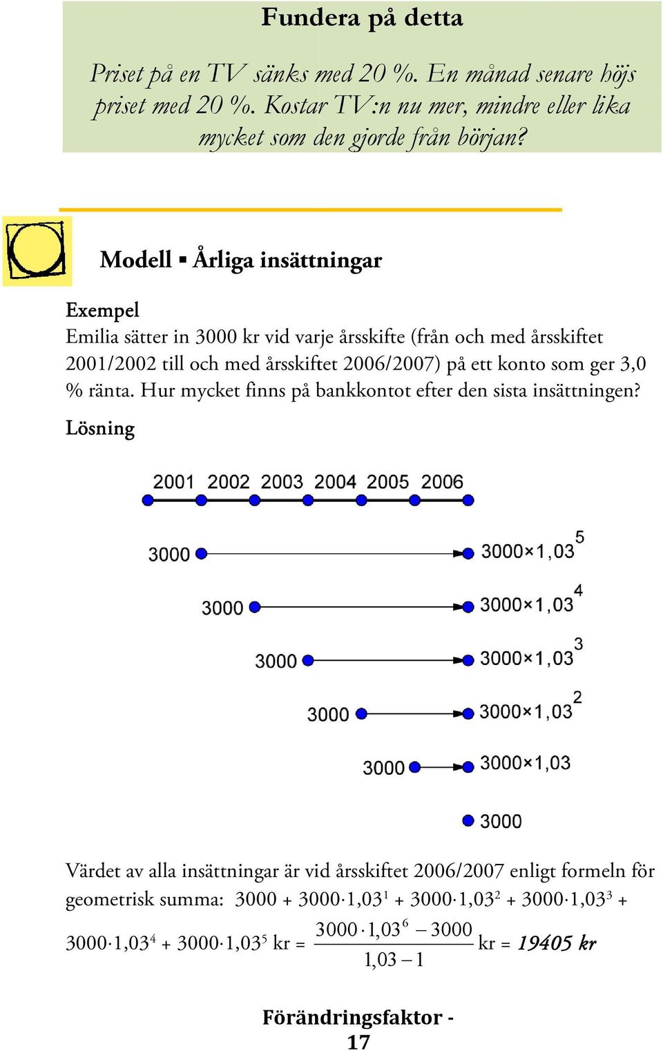 Modell Årliga insättningar Exempel Emilia sätter in 3000 kr vid varje årsskifte (från och med årsskiftet 2001/2002 till och med årsskiftet 2006/2007) på ett