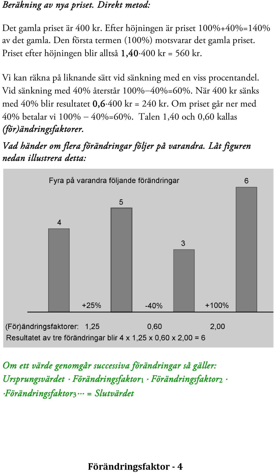 När 400 kr sänks med 40% blir resultatet 0,6 400 kr = 240 kr. Om priset går ner med 40% betalar vi 100% 40%=60%. Talen 1,40 och 0,60 kallas (för för)ändringsfaktorer.