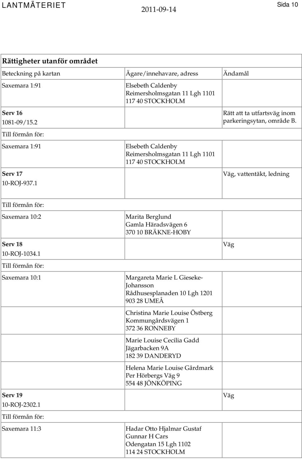 1 Saxemara 10:1 Margareta Marie L Gieseke- Johansson Rådhusesplanaden 10 Lgh 1201 903 28 UMEÅ Christina Marie Louise Östberg Kommungårdsvägen 1 372 36 RONNEBY Marie Louise Cecilia Gadd