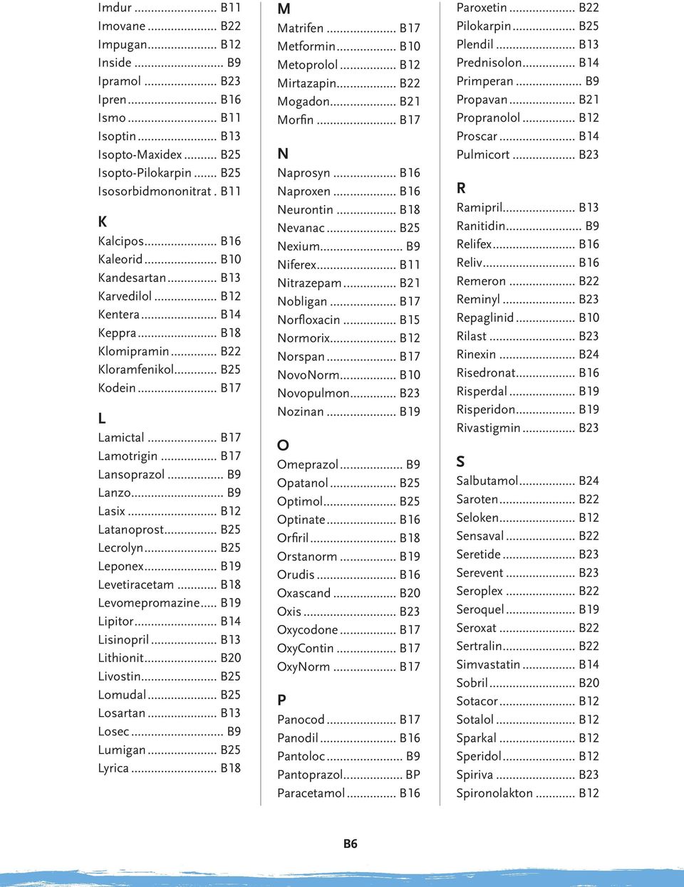 .. B9 Lanzo... B9 Lasix... B12 Latanoprost... B25 Lecrolyn... B25 Leponex... B19 Levetiracetam... B18 Levomepromazine... B19 Lipitor... B14 Lisinopril... B13 Lithionit... B20 Livostin... B25 Lomudal.