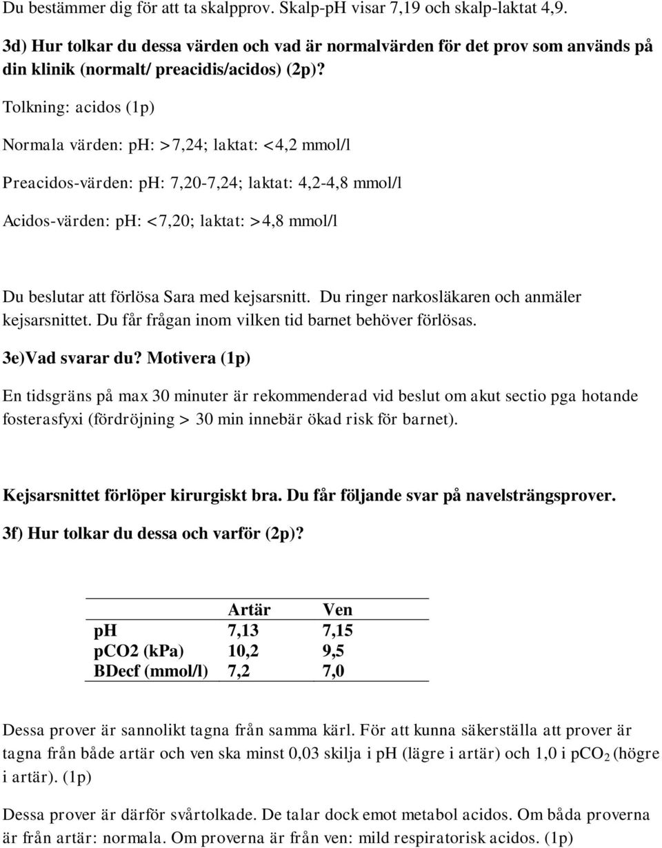 Tolkning: acidos (1p) Normala värden: ph: >7,24; laktat: <4,2 mmol/l Preacidos-värden: ph: 7,20-7,24; laktat: 4,2-4,8 mmol/l Acidos-värden: ph: <7,20; laktat: >4,8 mmol/l Du beslutar att förlösa Sara