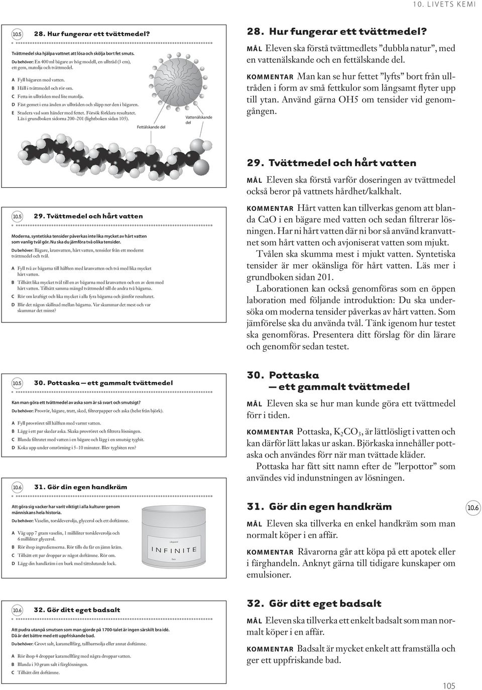 Läs i grundboken sidorna 200 201 (lightboken sidan 105). Fettälskande del Vattenälskande del 28. Hur fungerar ett tvättmedel?